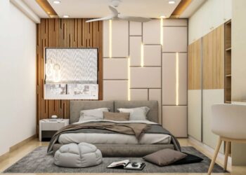 Spacious Master Bedroom Design With Beige And Wood Wall Design | Livspace
