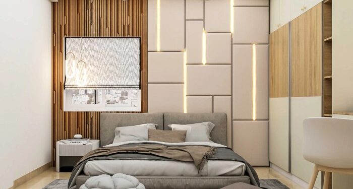 Spacious Master Bedroom Design With Beige And Wood Wall Design | Livspace